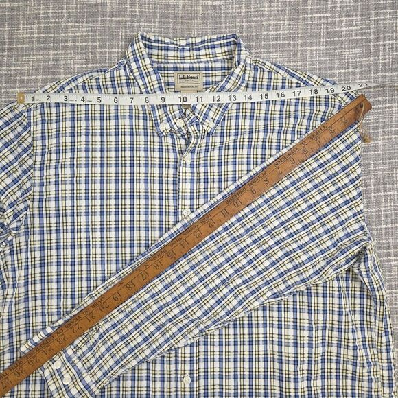 LL Bean Seersucker Textured Shirt Blue Yellow Plaid Button Down Men's LT - Picture 9 of 13